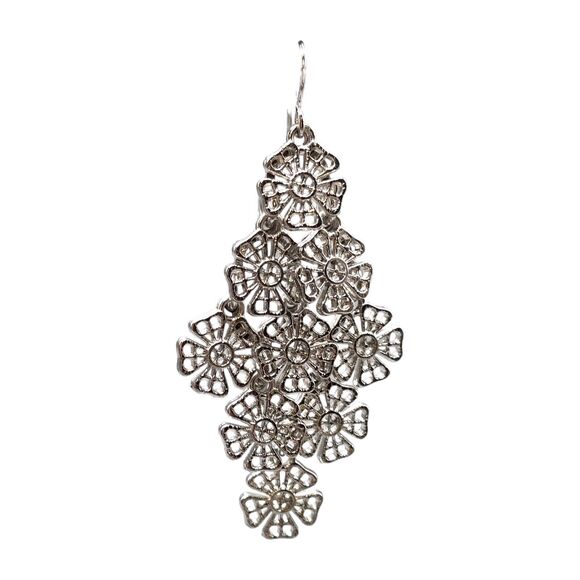 Floral Cascade Pierced Earrings Dangle Intricate Filigree Silver Tone Fashion - Picture 7 of 10
